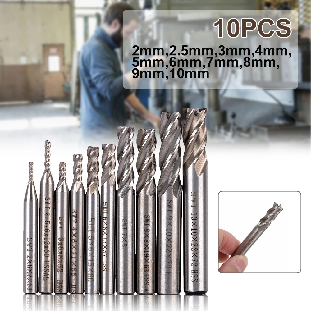 10 Pçs/set 2-10 MM HSS Flauta 4 Super Resistente Hetero Shank Fresa Router Bits de Fresagem CNC Broca
