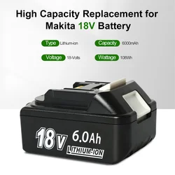 마키타 전동 공구용 충전식 리튬 이온 배터리, 최신 업그레이드 BL1860B, 18V, 6000mAh, BL1840, BL1850, BL1830, BL1860B, LXT 400