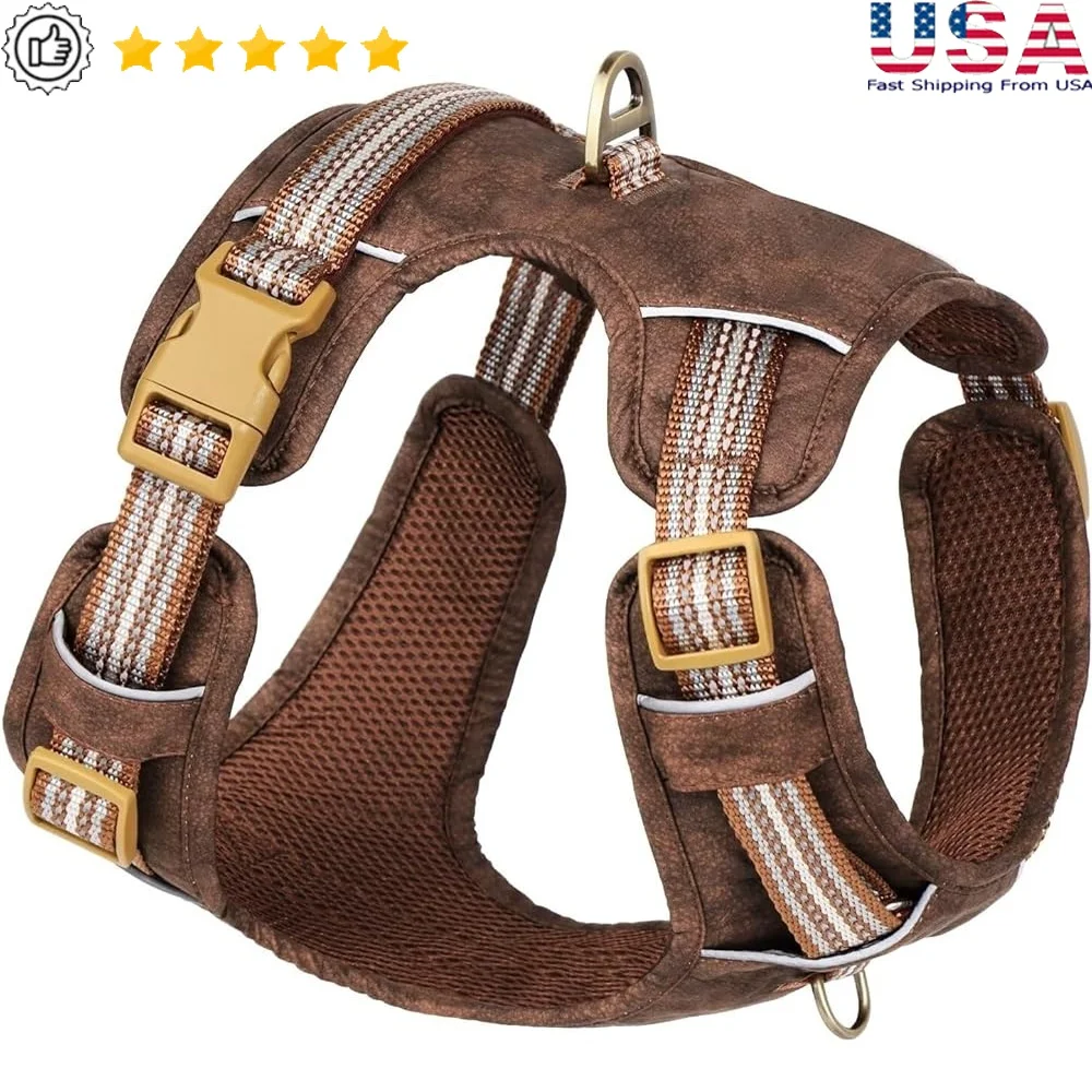 

Stylish Large Dog Harness No Pull Adjustable Reflective Oxford Leather Pet Vest Comfortable Soft Padded 2 Leash Clips Breathable