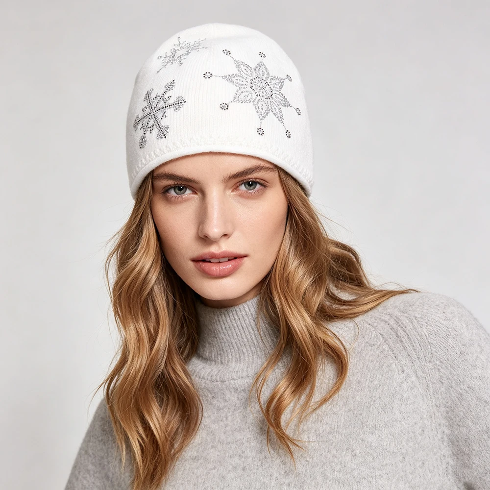 Luxyonuo Women's Winter Beanie Hat 2026 Fall New Arrival Wool Blend Knit Hats Double Layer Thick Warm Skull Cap with Rhinestone