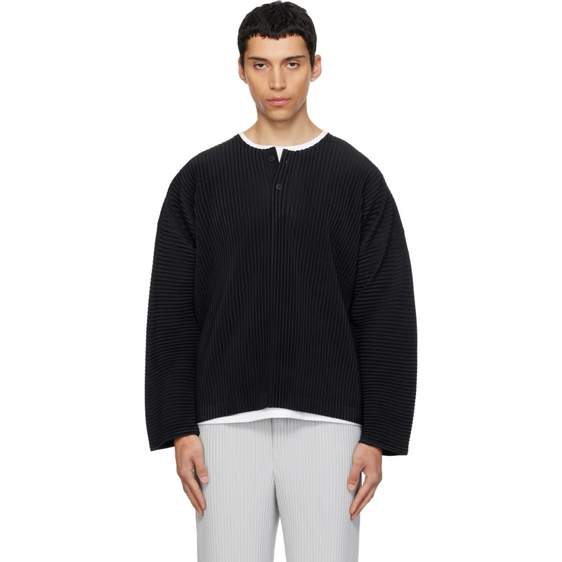 Miyake Pleated Men's Henley Neck Long Sleeve T Shirt Japanese Style Plisse Casual Top Loose Fit Minimalist Streetwear Fashion