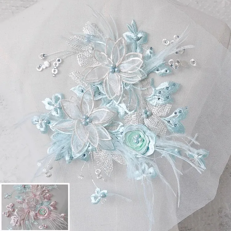 

1piar Синий, розовый, двухцветный, с перьями, бусинами для ногтей, цветочной нашивкой, 3D платье с цветочной вуалью для ногтей, Hanfu cheongsam parches ropa planchar