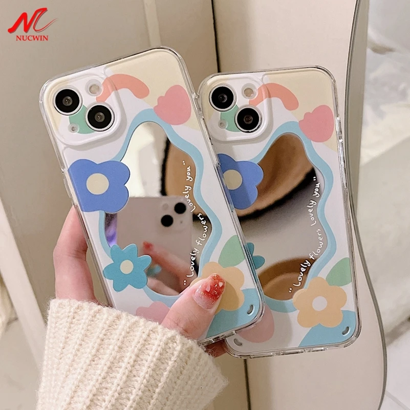 Fashion Flower Makeup Mirror Phone Case for iPhone 13 12 15 14 Pro Max Full Camera Protection Soft Back Cover for iPhone 15 Pro