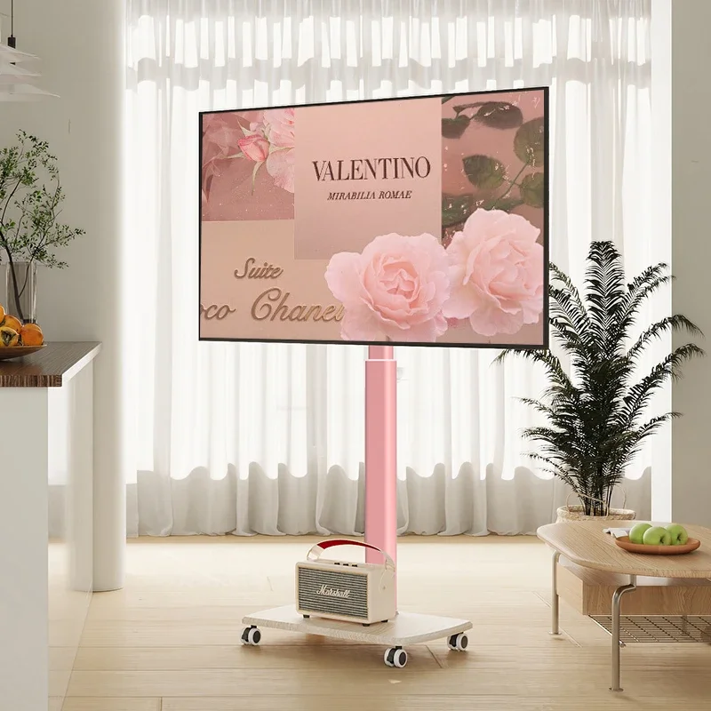 

F20 Ins TV Floor Stand, Adjustable Height Stand, Durable Pink Frame, ±30° Rotation with Wheels, Home Entertainment Stand