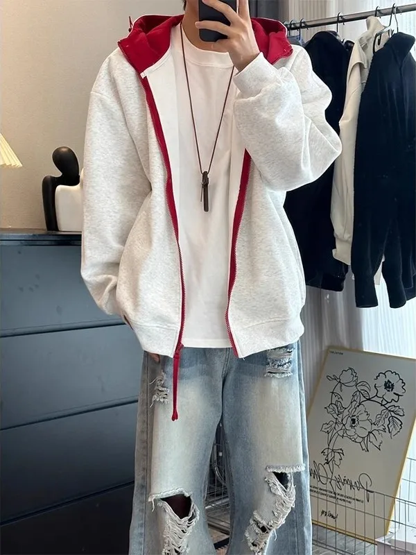 

Ретро-кардиган в американском стиле с капюшоном на молнии, свободный крой, для пар, повседневная верхняя одежда из полиэфирного волокна