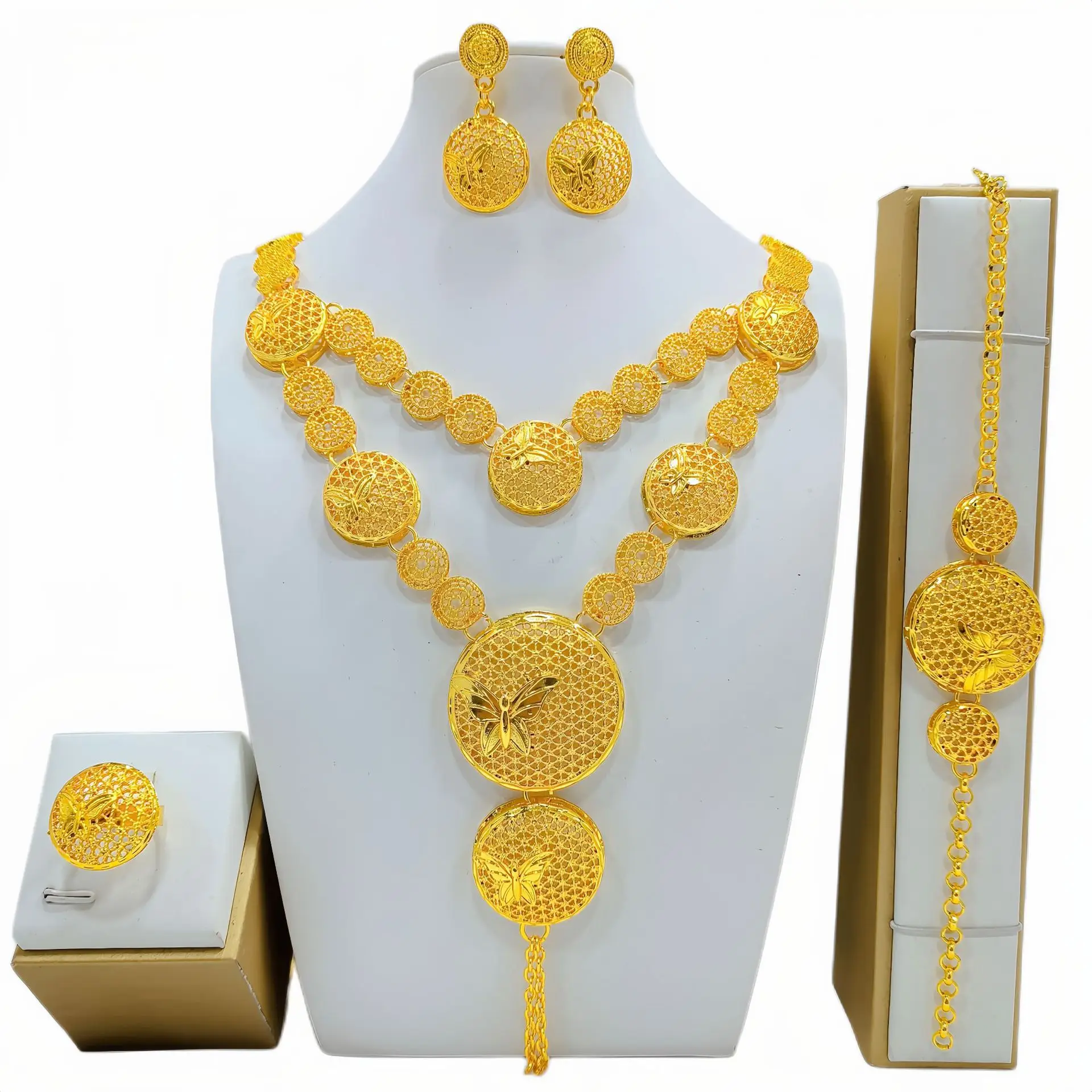 Imagem -03 - Banhado a Ouro Dubai Noiva Colar e Conjunto de Pulseiras Brincos Femininos Novo Dd10244 24k