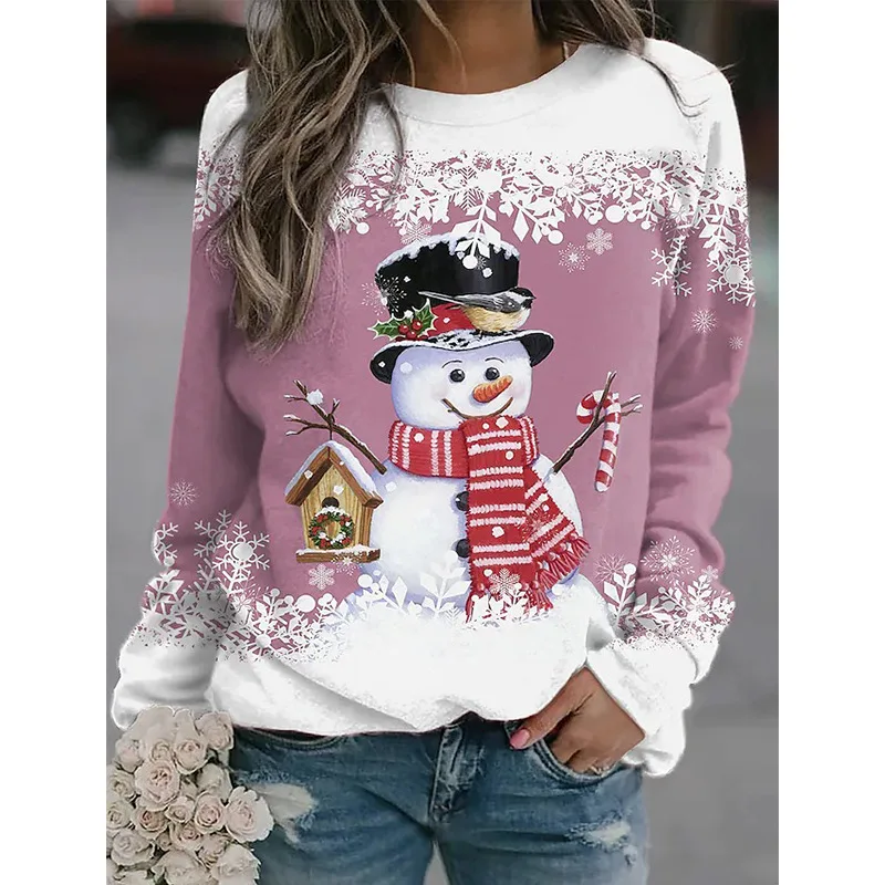 Nueva camiseta navideña con estampado de muñeco de nieve para mujer, jersey de moda para vacaciones de otoño, ropa de calle de manga larga para mujer, ropa Harajuku