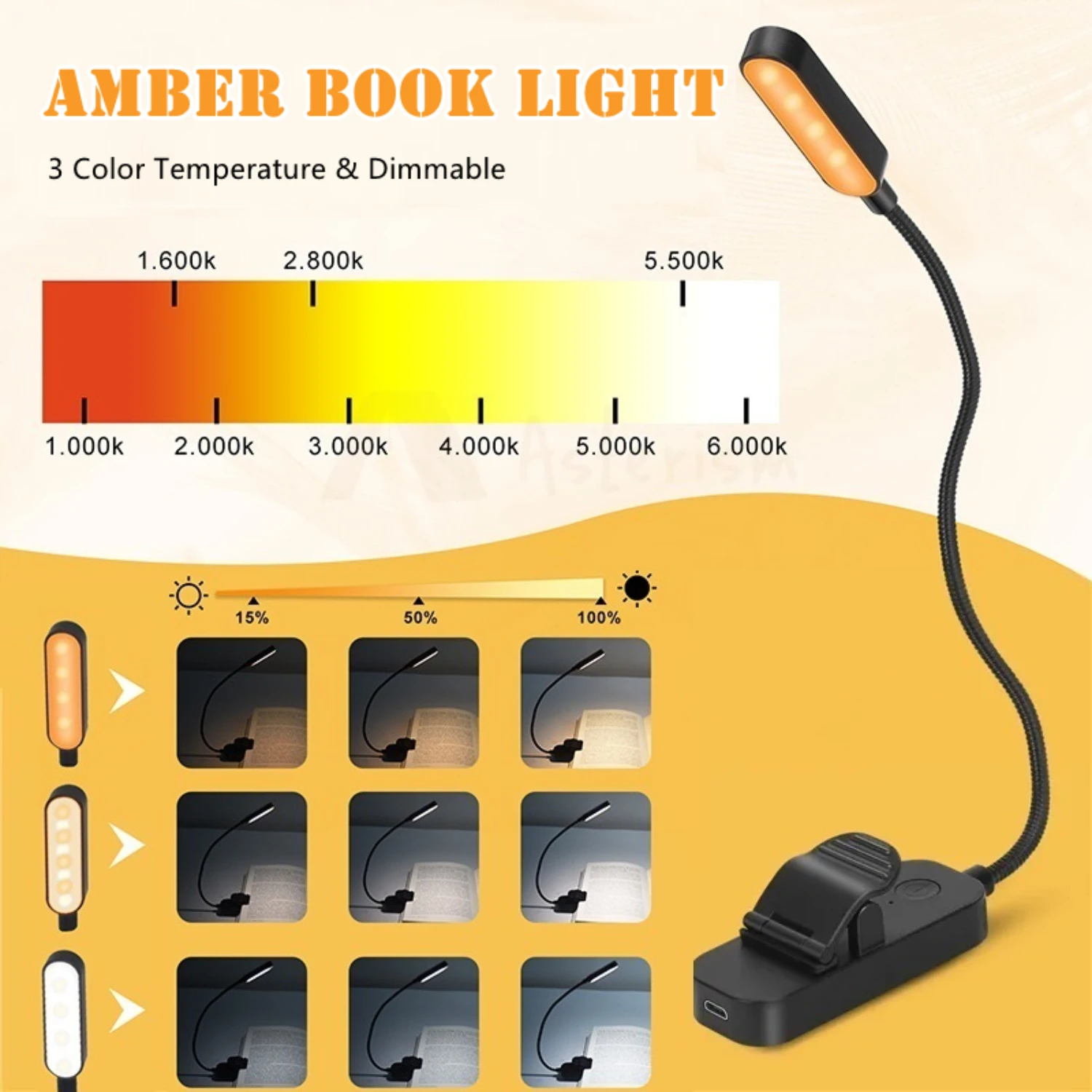 Portable Amber Mini USB Rechargeable Flexible LED Desk Lamp, Clip-On Night Light for Reading in Bed, Travel, Office - Compact Bo