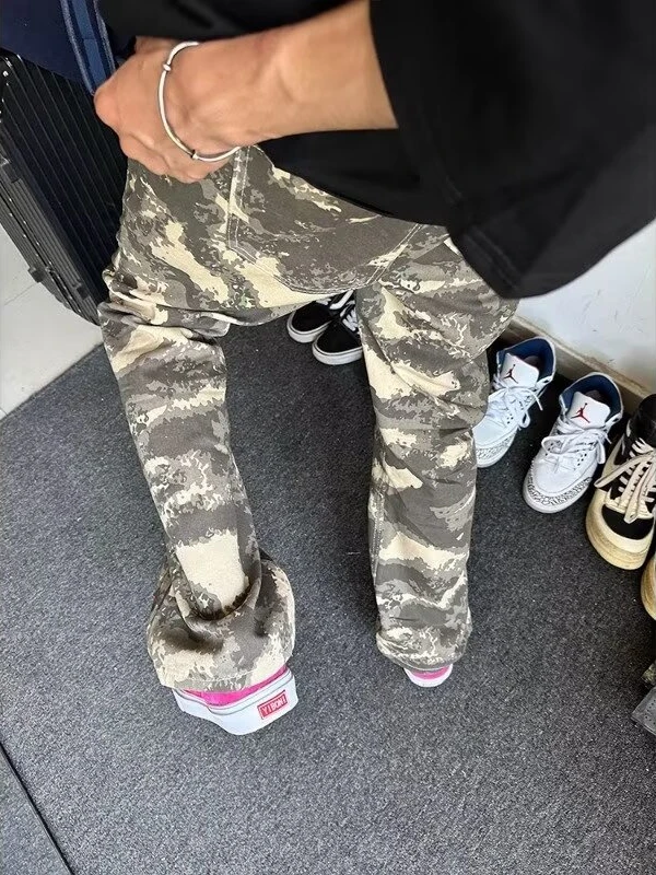 

American High Street Waed Camouflage Men's Jeans Summer Trendy Brand Straight Leg Slimming Jeans Casual Breathable Denim