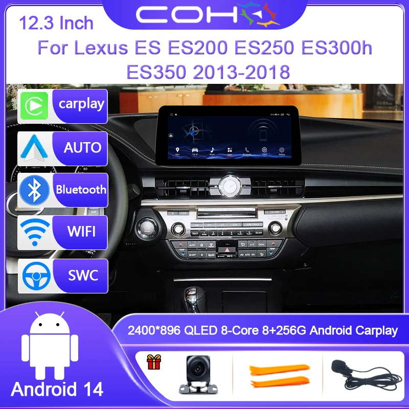 12.3Inch For Lexus ES ES200 ES250 ES300h ES350 2013-2018 Android14 Car Radio Player Navigation GPS Octa-core Radio Multimedia 4G
