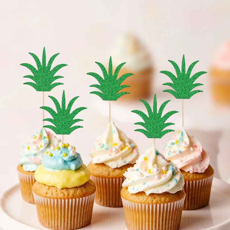 YOMDID 24Pcs Glitter Pineapple Leaf Cake Picks Leaves Cupcake Toppers Decorations for Summer Luau Hawaiian Party Supplies - view 5