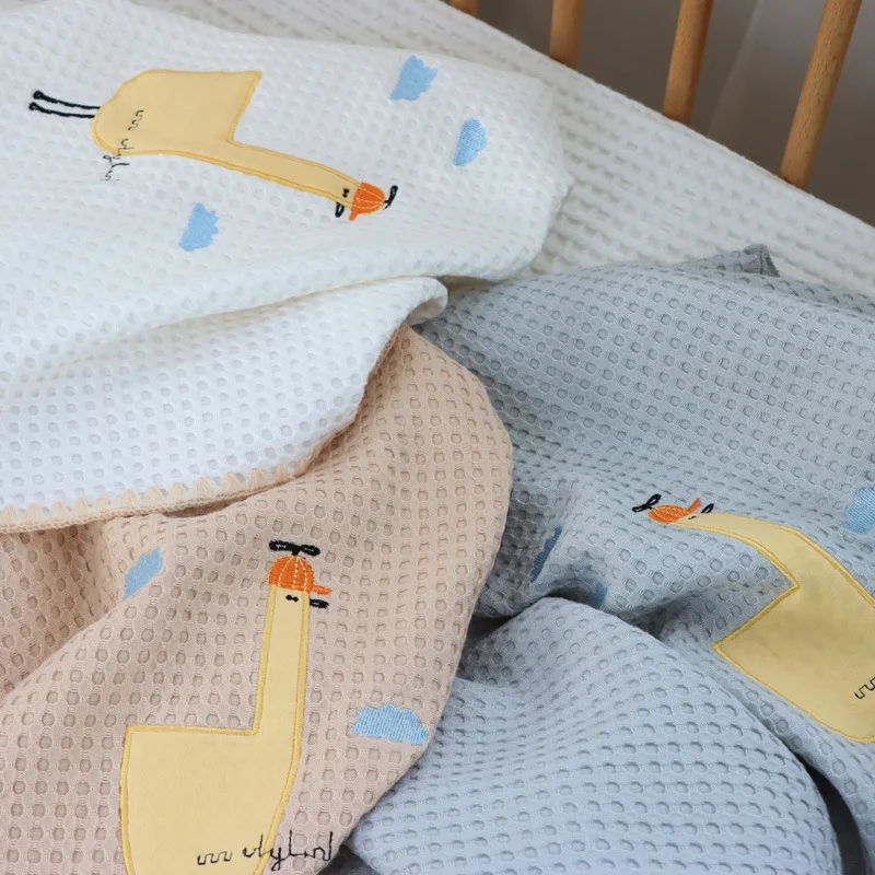 Waffle Plaids Weaved Infant Newborn Blanket,Soft Bamboo Fiber Embroidered Duck Baby Blanket,Crib Sheet,Bed Spread,Baby Swaddle