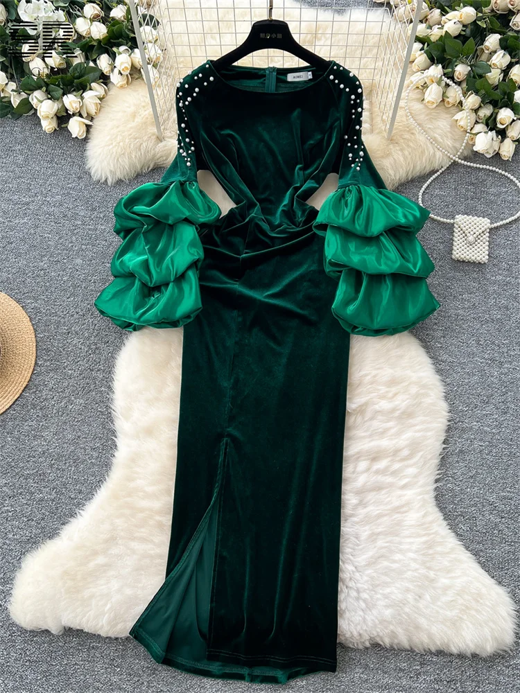 SINGREINY Green Velvet Long Dress Women Butterfly Sleeve Temperament Zipper Split Ladies Pearl Design Elegant Senior Party Dress