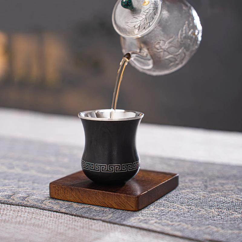 كوب فضي نقي 99.9%، كوب فضي خشبي، كوب شاي مع بطانة داخلية فضية، كوب منزلي رائع، مقاوم للحرارة، خشب الصندل المرصع بالحرير #4