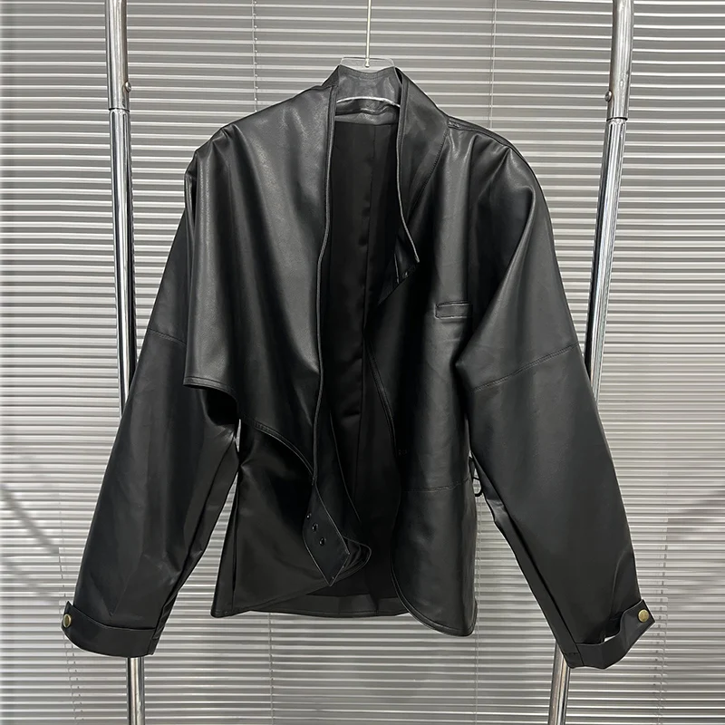 KBQ Solid Spliced Belts Tunic Loose Coats for Women Stand Collar Long Sleeve Korean Version of Casual Leather Jacket Female New