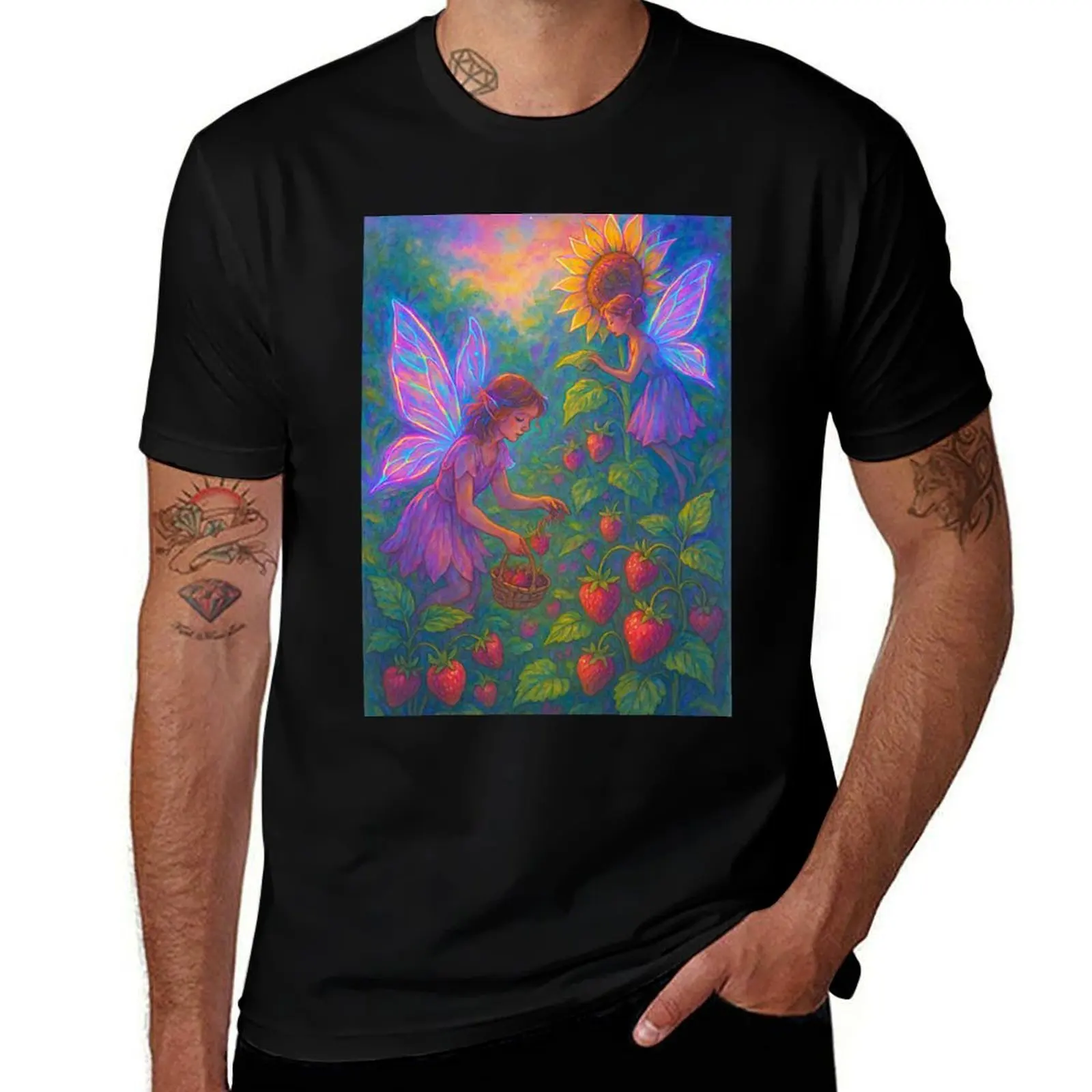 

Foraging Fairies in a Sunflower Strawberry Garden – Whimsical Watercolor Fantasy Art T-Shirt tops mens graphic t-shirts anime