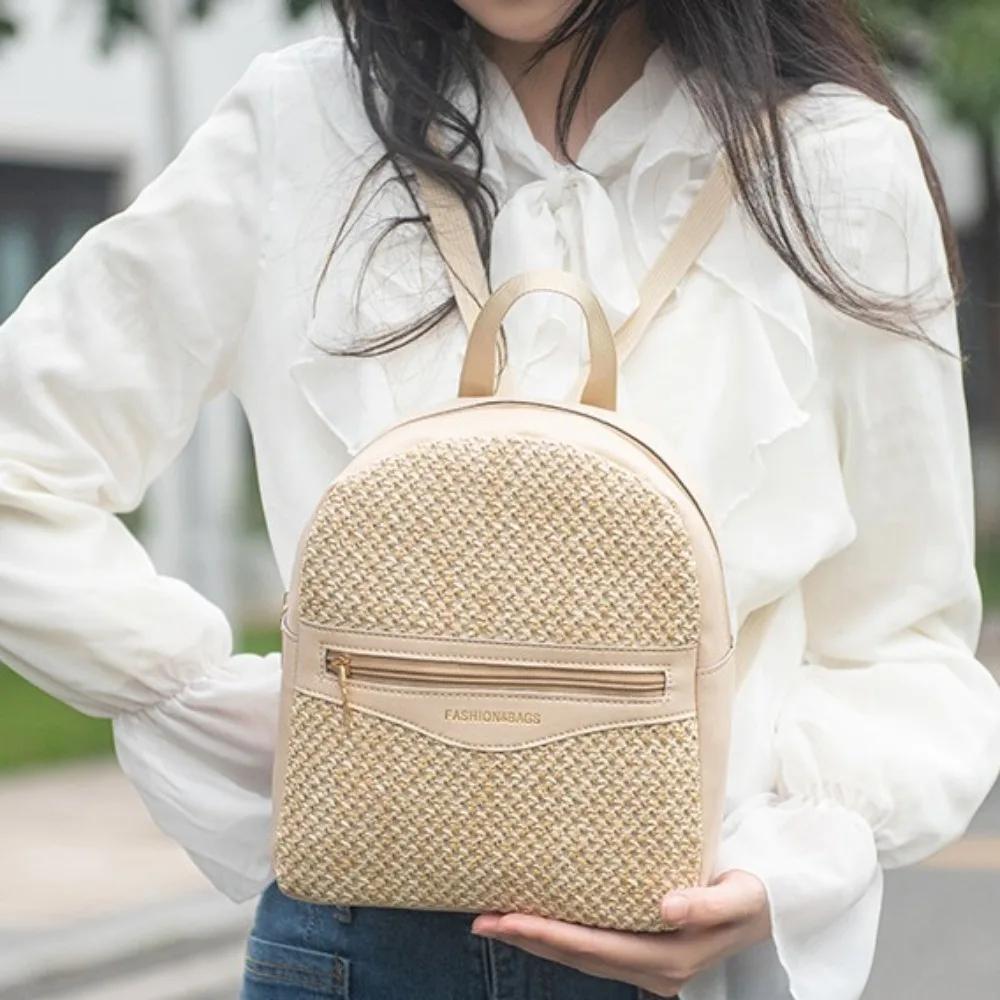 Fashion Straw Woven Backpack Ladies Shoulder Bag Summer Girl Backpack Female Travel Bag Books Backpack