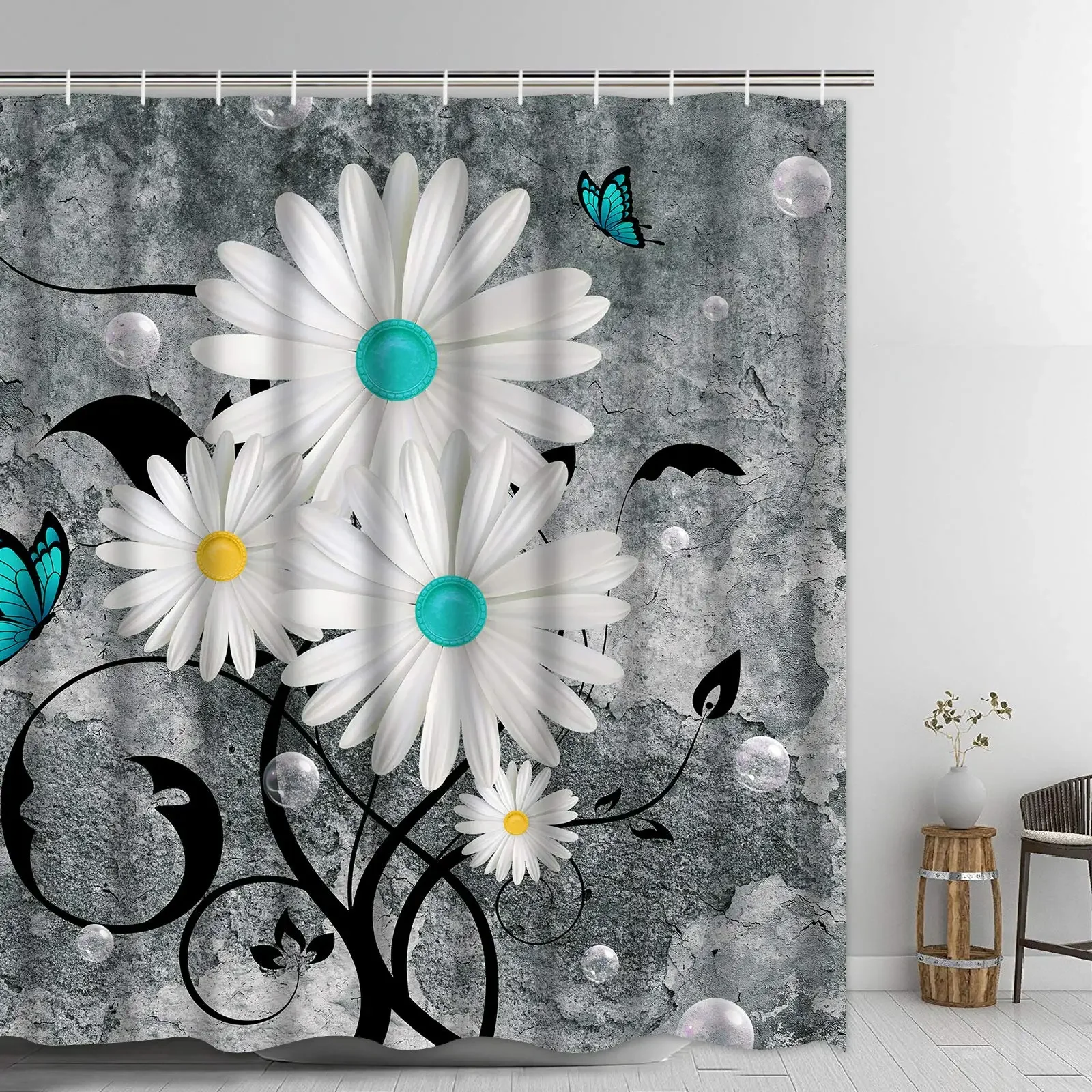 Rustic Shower Curtain Grey Floral Fabric Bath Curtains Butterfly Daisy American Country Farm Style Bathroom Decor with 12 Hooks
