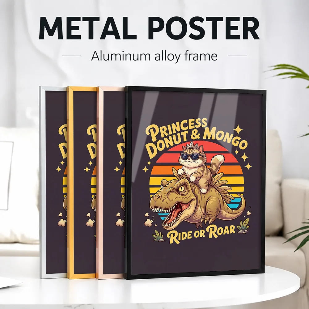 Cat Princess Donut & Mongo Ride Or Roar Dinosaur Framed Metal Print Personalized Photo Bold Nature Style Wall Art For Entryway