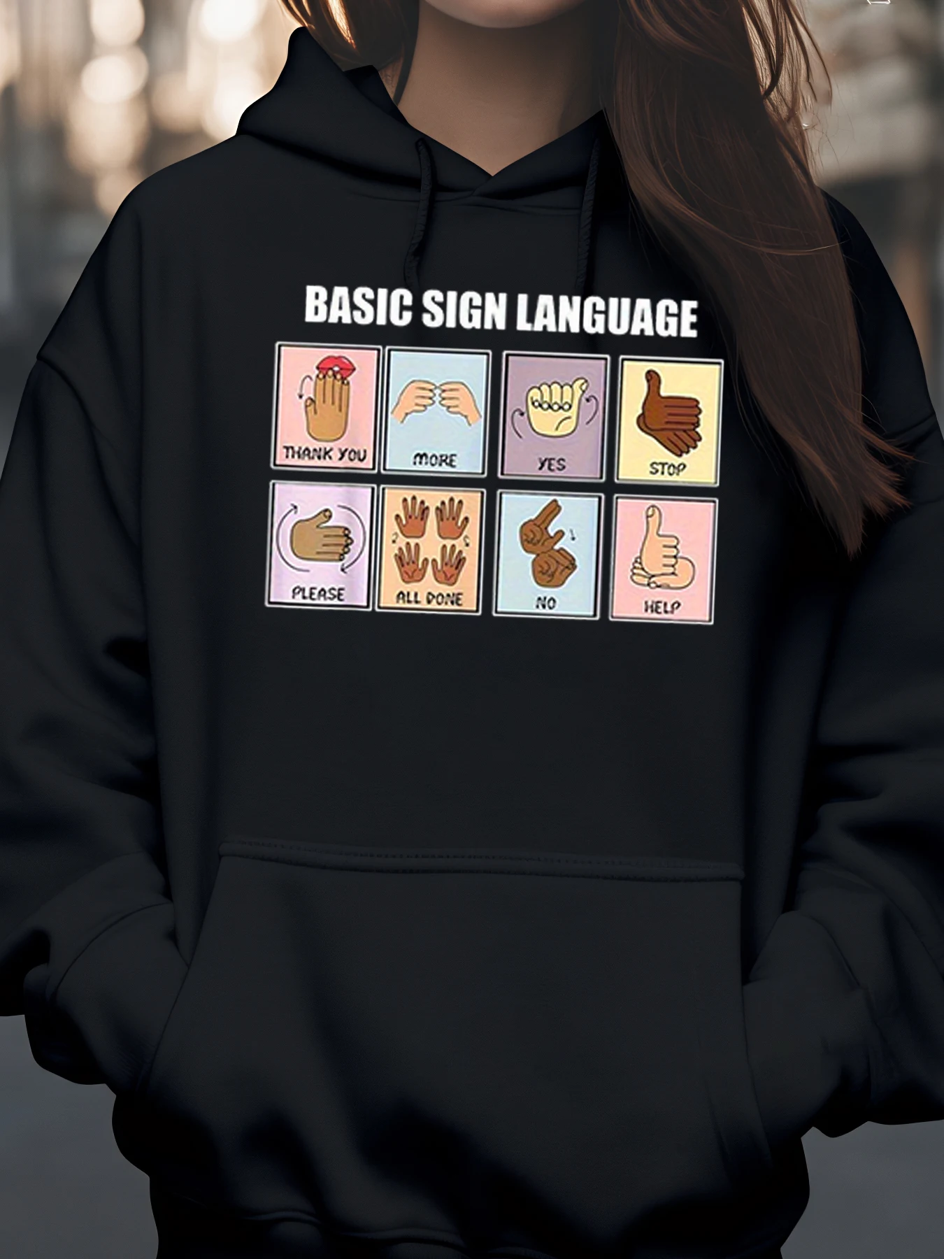 

Толстовка с капюшоном и принтом жестов рук базового языка, повседневная одежда для повседневного использования, унисекс