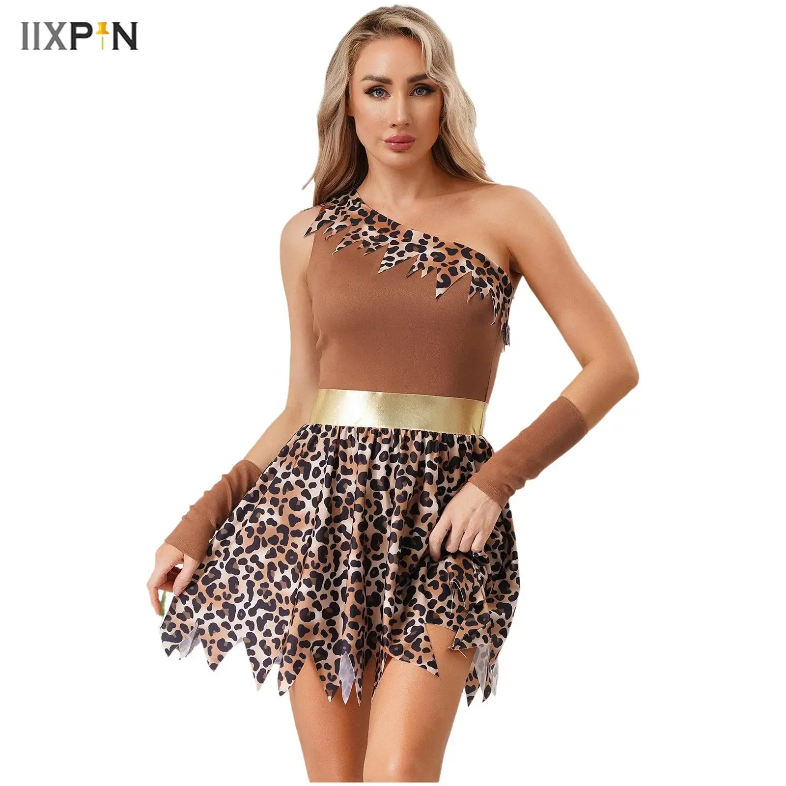 

Women Prehistoric Cave Girl Costumes Leopard Print One Shoulder Jagged Hem Dress+One Pair Over Sleeve for Role Play Halloween
