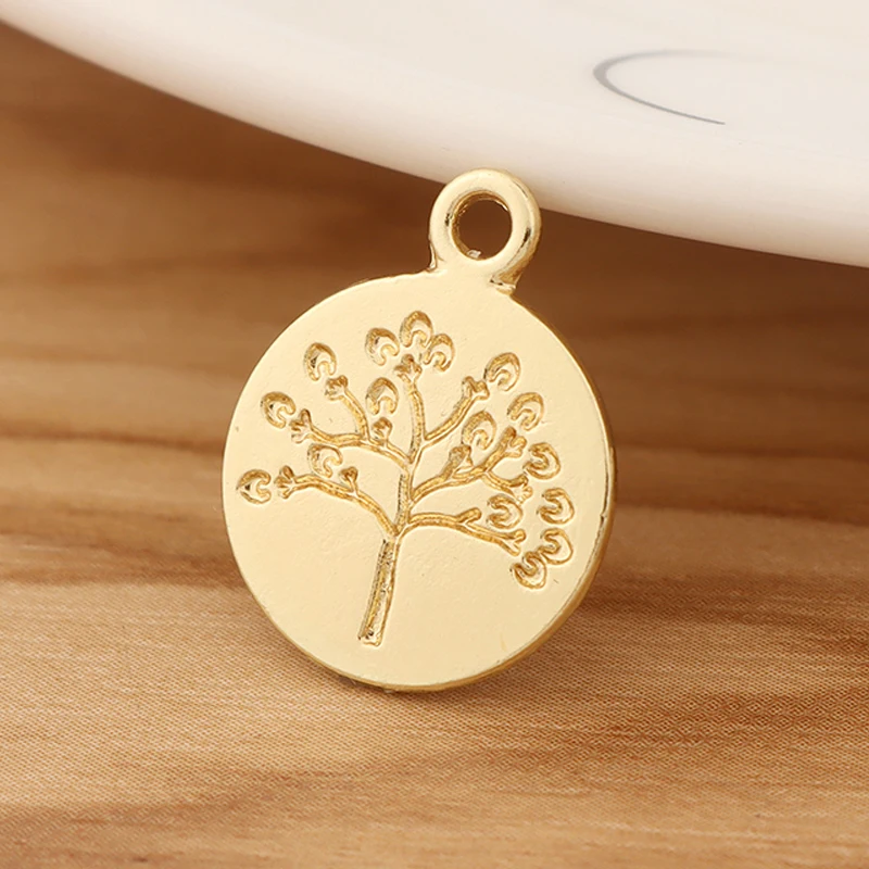 10 Pieces Gold Color 2 Sided Carved Life Tree Round Charms Pendants for DIY Bracelet Neckalce Jewellery Making Findings 19x15mm