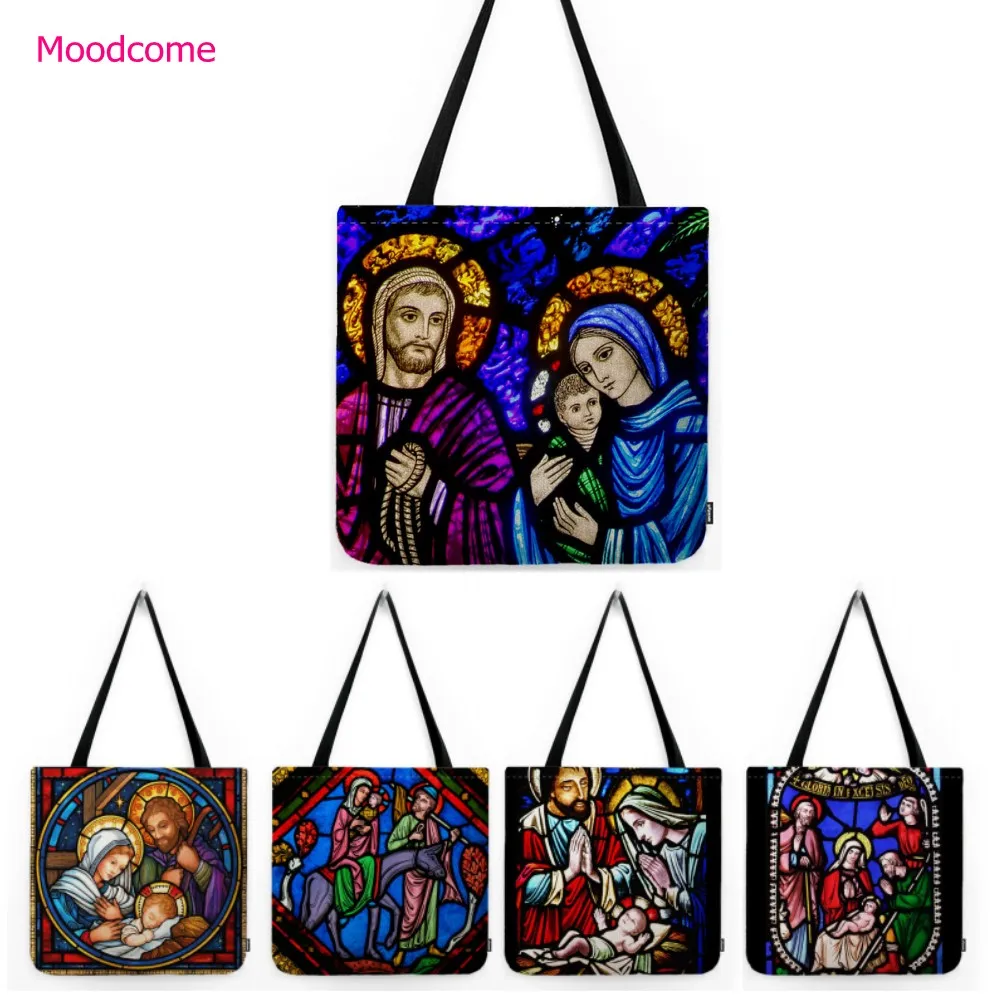 Church Bible Story Color Painting Virgin Mary Jesus Christ Worship Water Resistant Cotton Linen Grocery Bag Shoulder Tote Bag