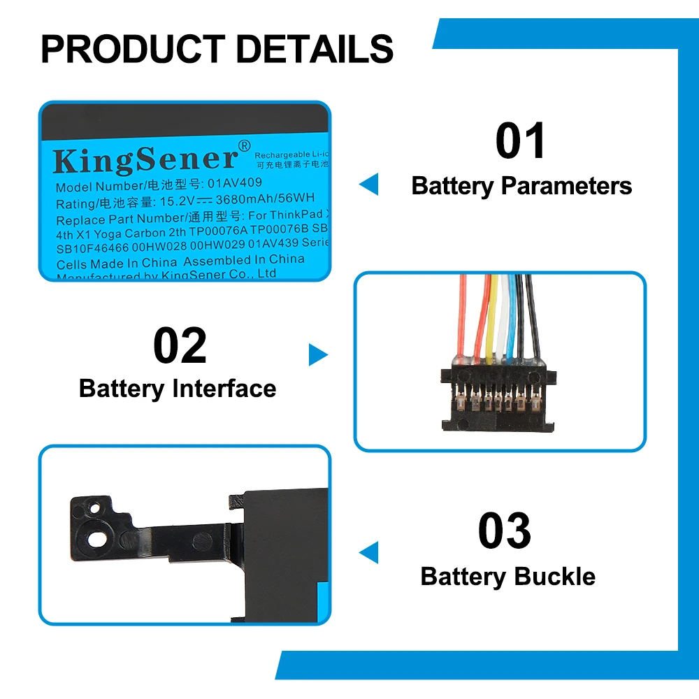 KingSener 01AV409 01AV439 01AV410 01AV438 56WH Akku für Lenovo ThinkPad Carbon 4. Generation, für X1 Yoga 1. und 2. Generation. – Detail 5