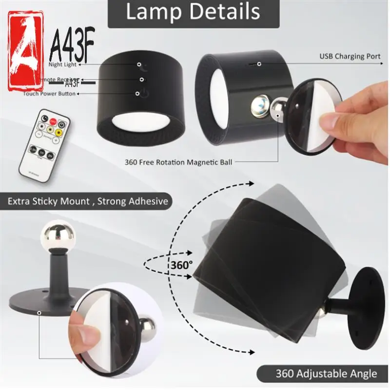 

A43F-USB Rechargeable LED Lights With Remote 3 Color Temperatures Brightness Dimmable 360° Rotatable Magnetic Installation