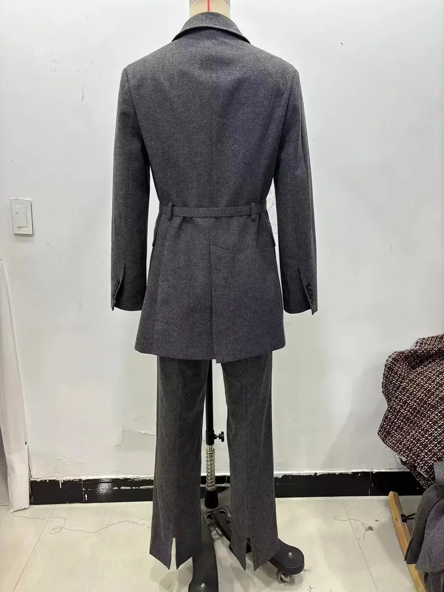 TWOTWINSTYLE – ensemble deux pièces en laine pour femmes, col cranté, ceintures épissées, manteau, taille haute, pantalon droit, costume minimaliste