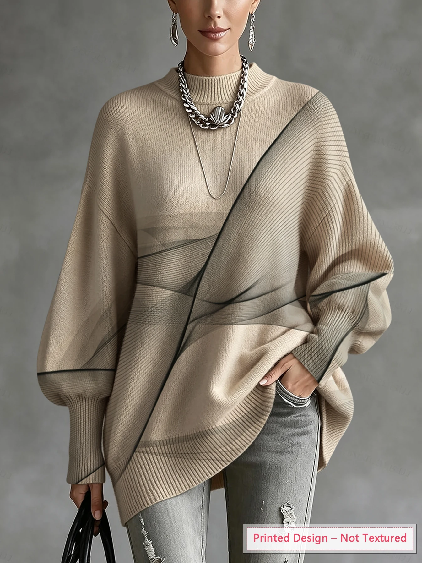 Black and Gray Gradient Print Women's Autumn and Winter Knit Top, Casual Style, Irregular Hem, Lantern Sleeves