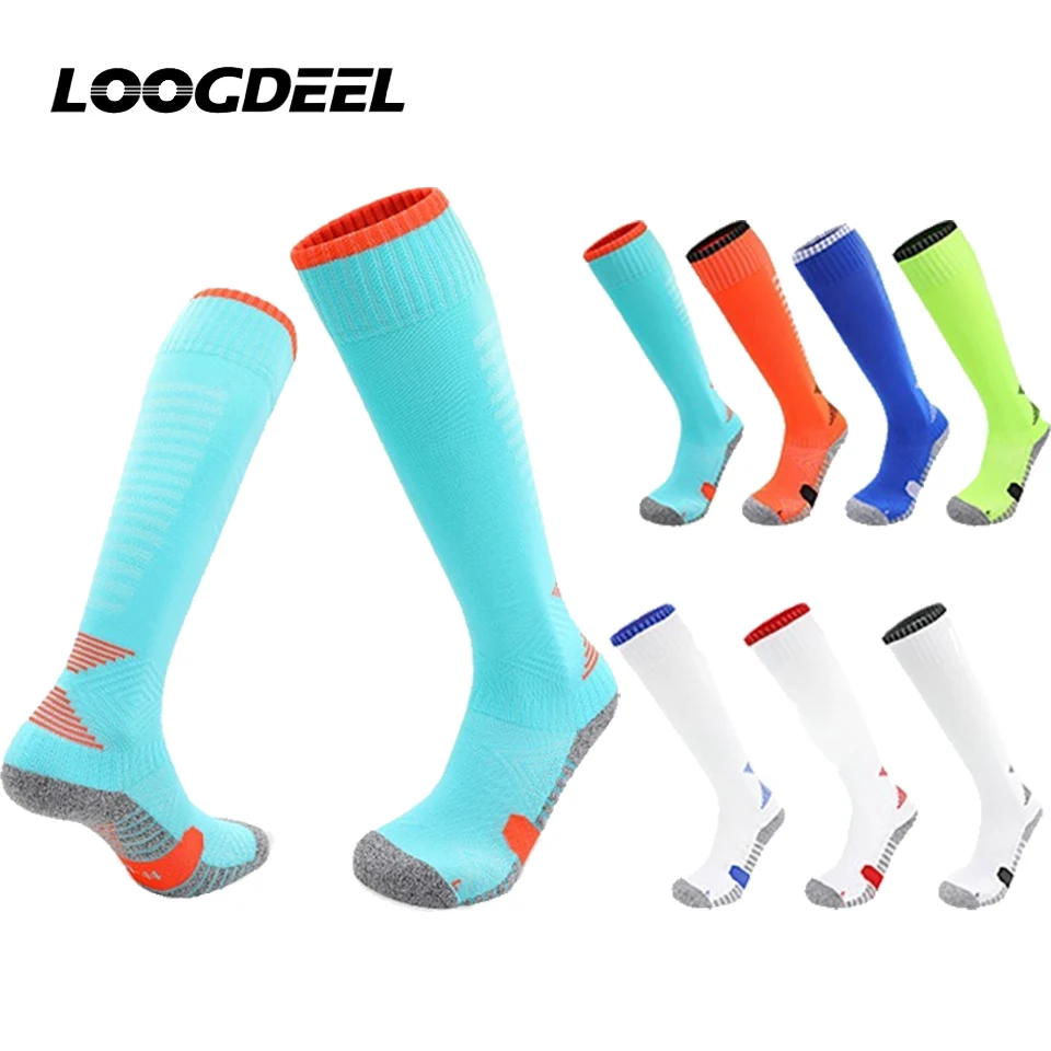 

Футбольные носки Loogdeel для взрослых и детей, дышащее компрессионное полотенце, дно для бега, езды на велосипеде, дополнительный размер, футбольные длинные чулки