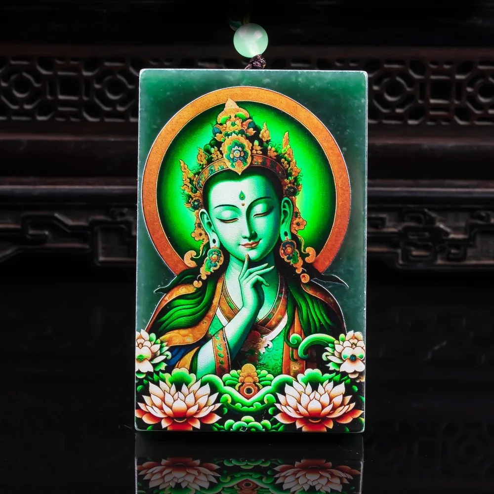 

Natural Agrade jadeite green Tara brand Tibetan ultra clear spray painted high ice jade pendant Safety pendant energy protection