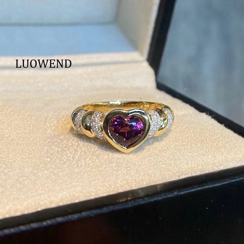 

LUOWEND 100% 18K Yellow Gold Rings Romantic Heart Shape Shiny Diamond Natural Tourmaline Ring for Women High Wedding Jewelry