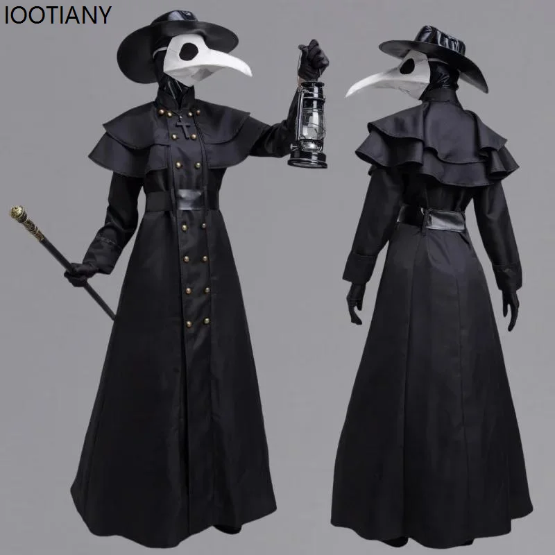 Unisex Crow Doctor Cosplay Dress Medieval Steampunk Gothic Black Horror Doctor Costumes Carnival Masquerade Dress Up Hooded Robe