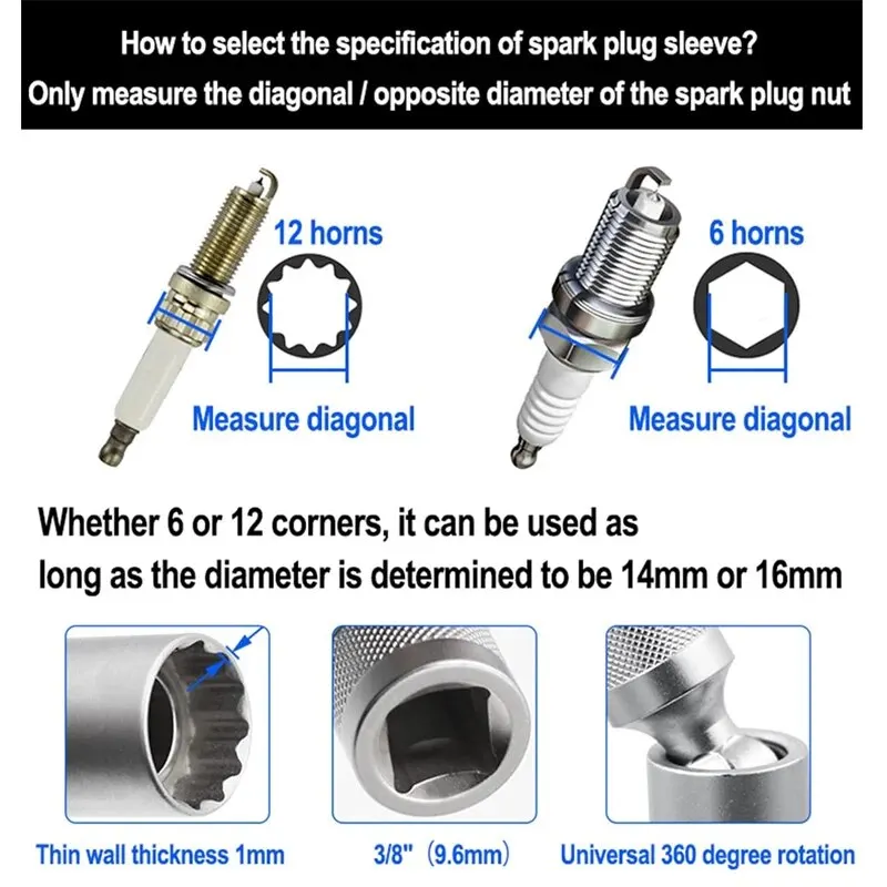 14mm/16mm Magnetic Spark Plug Socket Wrench 12 Angle Repair and Removal Tool Thin Wall 3/8 Inch Auto Repair Tool