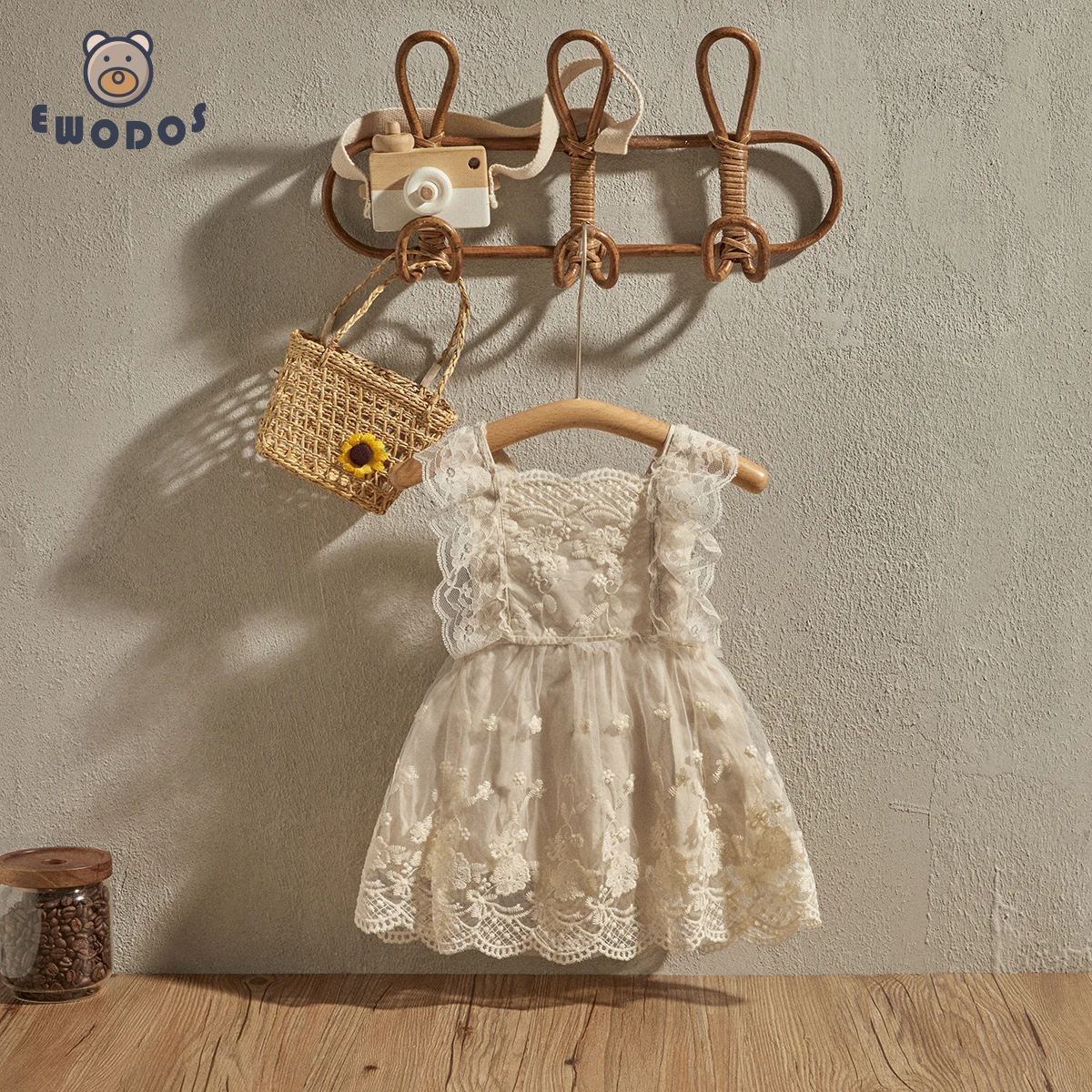 EWODOS 0-24Months Toddler Baby Kid Girls Beige Color Lace Tulle Dress Sweet Sleeveless Backless Floral Embroidery Princess Dress