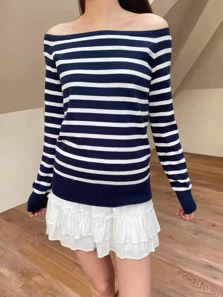 

Navy Striped Sexy Knitted Sweater Women Autumn Casual Slash Neck Long Sleeve Pullovers Vintage Preppy Style Sweet Jumpers Y2K