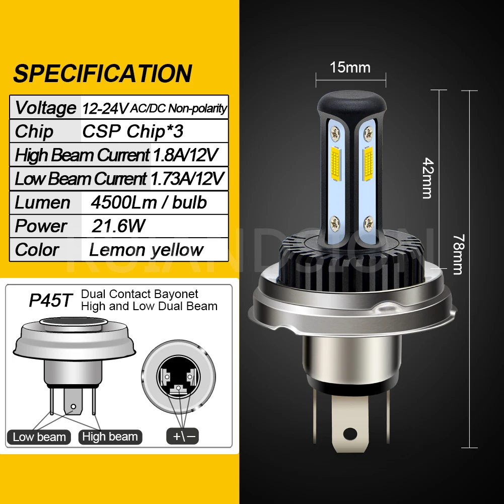RUIANDSION 1pc P45T Motorcycle Headlights CSP 3SMD DC 12V 24V Tricycle Lights 2.16W LED Bulb White/Lemon Yellow 4500Lm