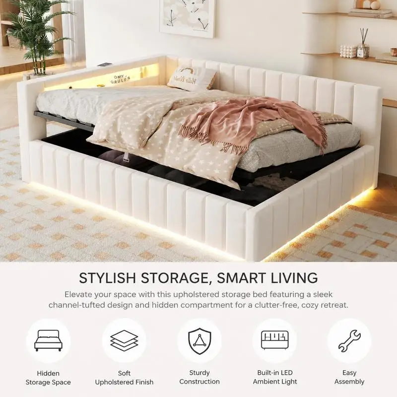 Canapé-lit capitonné en velours 140 x 200 cm beige gris clair, structure en contreplaqué et MDF résistante, système de rangement hydraulique intégré, sommier à lattes robuste, idéal pour chambre