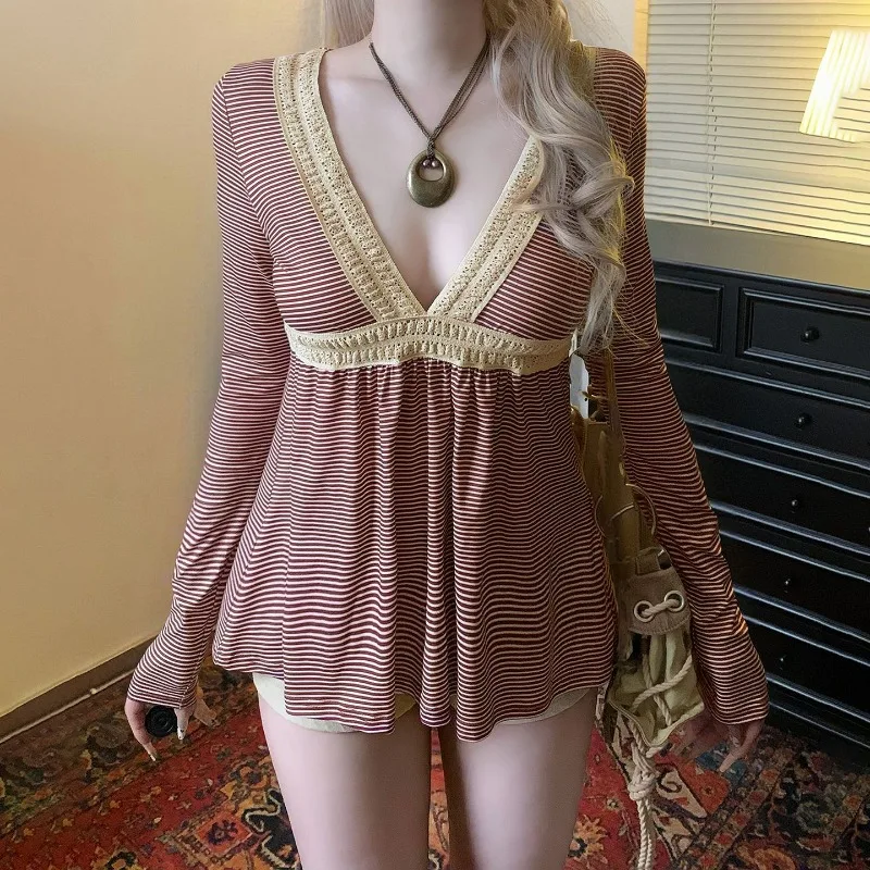 

Винтажная кружевная лоскутная блузка с v-образным вырезом для пикантных девушек, женская весенне-осенняя полосатая рубашка с v-образным вырезом и длинными рукавами с v-образным вырезом, топы с высокой талией