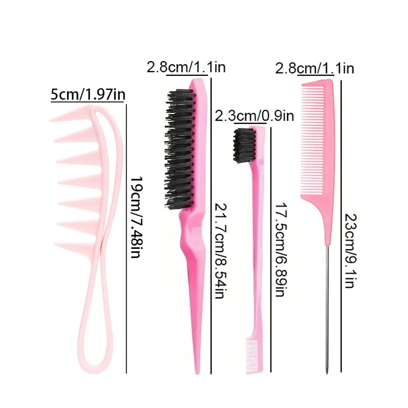 4pcs Hair Comb Set Professional Teasing Brush with Rat Tail Comb Wide Tooth Comb Edge Control Brush Hair Styling Tools Salon