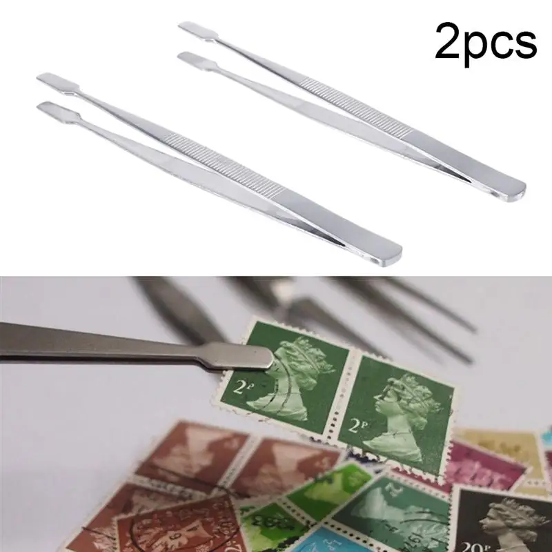 2pcs Stamp Tweezers Philately Round Postage Stamps Collector Tools Stainless Steel Stamp Tweezers ( Silver )