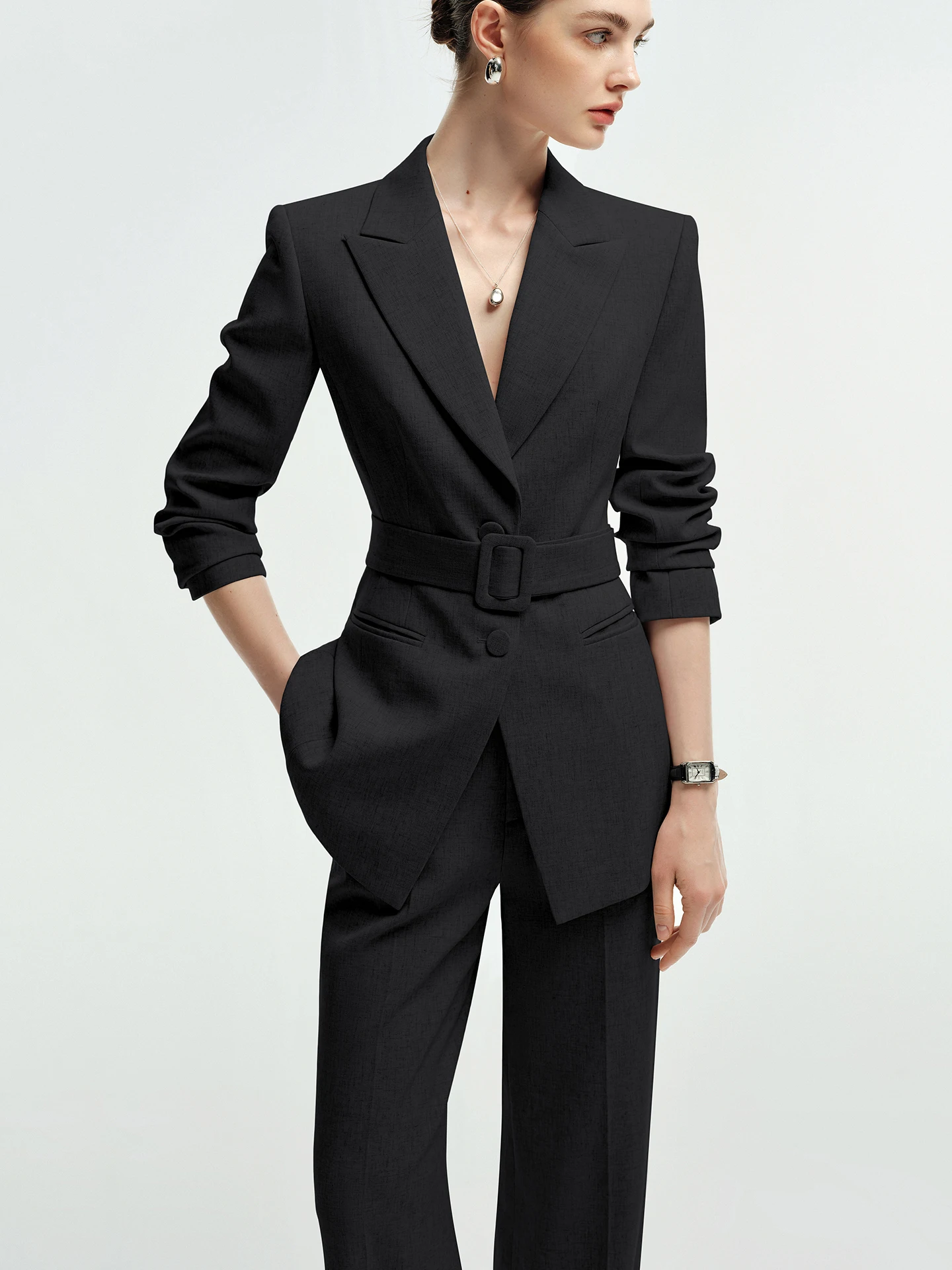 Elegant Wide Leg Pants Suit Women's Business Formal Waist-Cinching Professional Workwear Ensemble Long Sleeve Polyester Blend