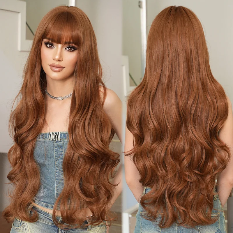 

Apricot Brown Lolita for Women, 32in Super Long Curly Hair, Natural Full Head Wig with Big Waves and Straight Bangs, Realist