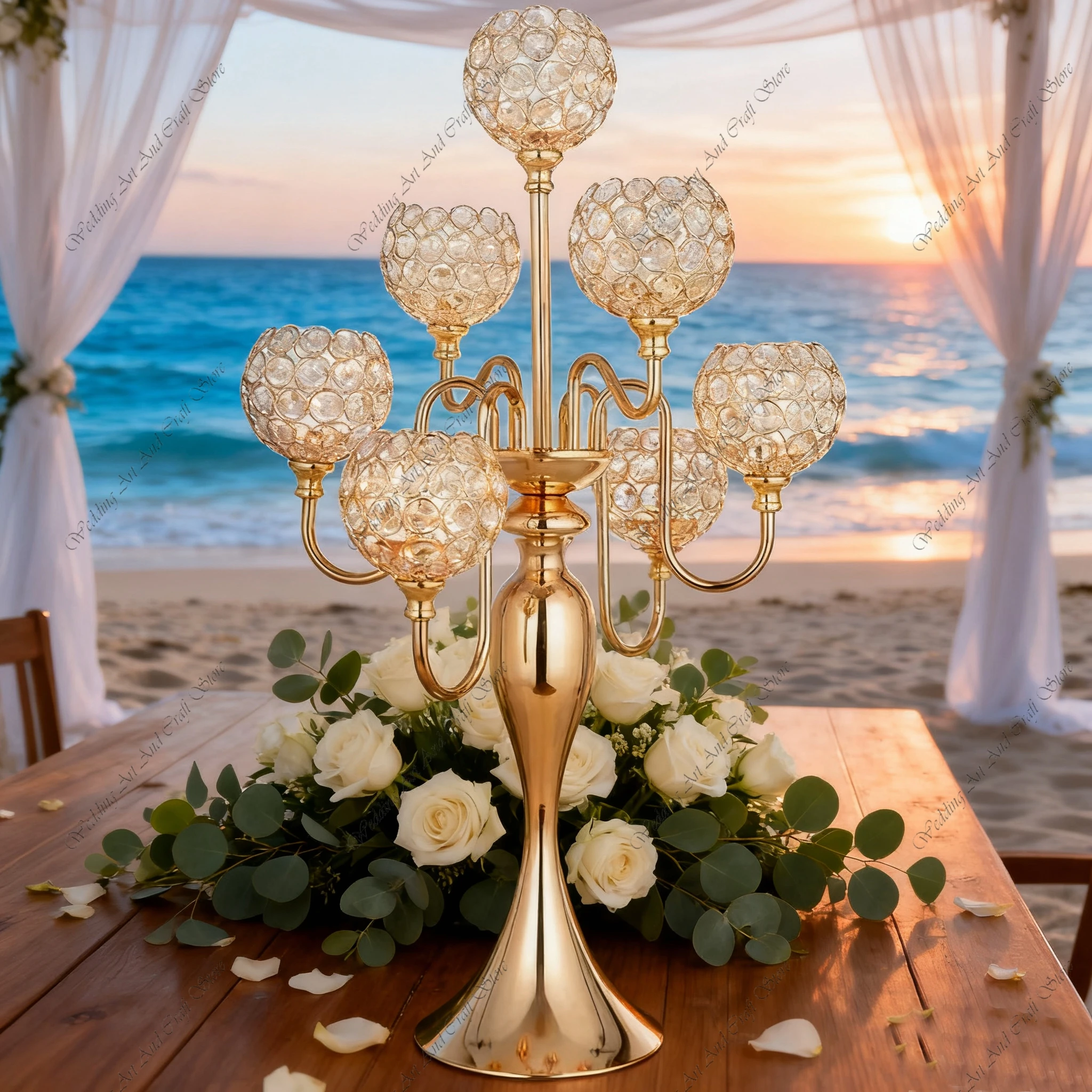 

10pcs Gold Wedding Centerpieces 7 Arms Crystal Candlestick Floor Tall Candelabra for Family Wedding Table Decoration ivy37