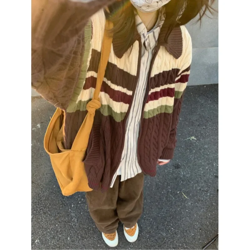 2024 New Vintage Fringe Knit 2024 Spring Oversized Loose Contrast Women's Sweater Zipper Harajuku Cardigan for Women