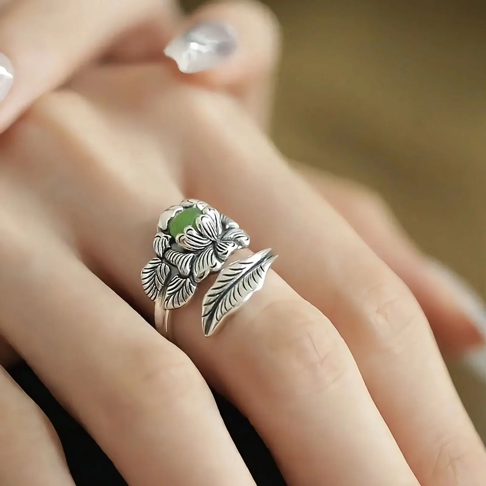

Кольцо в этническом стиле с рельефным листом и цветком лотоса, женские ювелирные изделия, ретро нефритовое зеленое овальное кольцо для женщин, аксессуары на палец