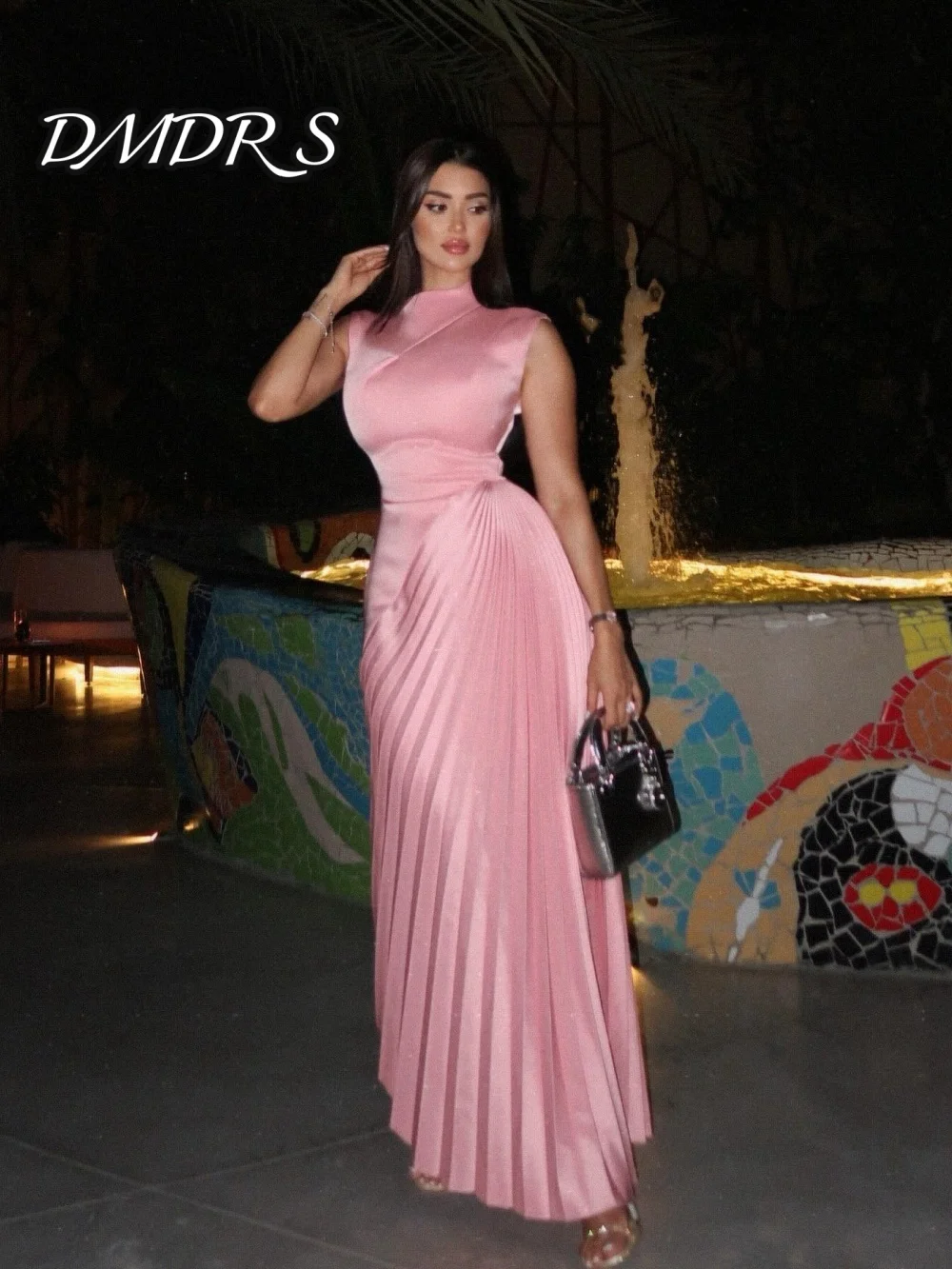 

Charming Sleeveless Evening Dress Elegant Satin A-line Party Gown Classic Pleated Floor-Length Party Dresses فساتين سهرة