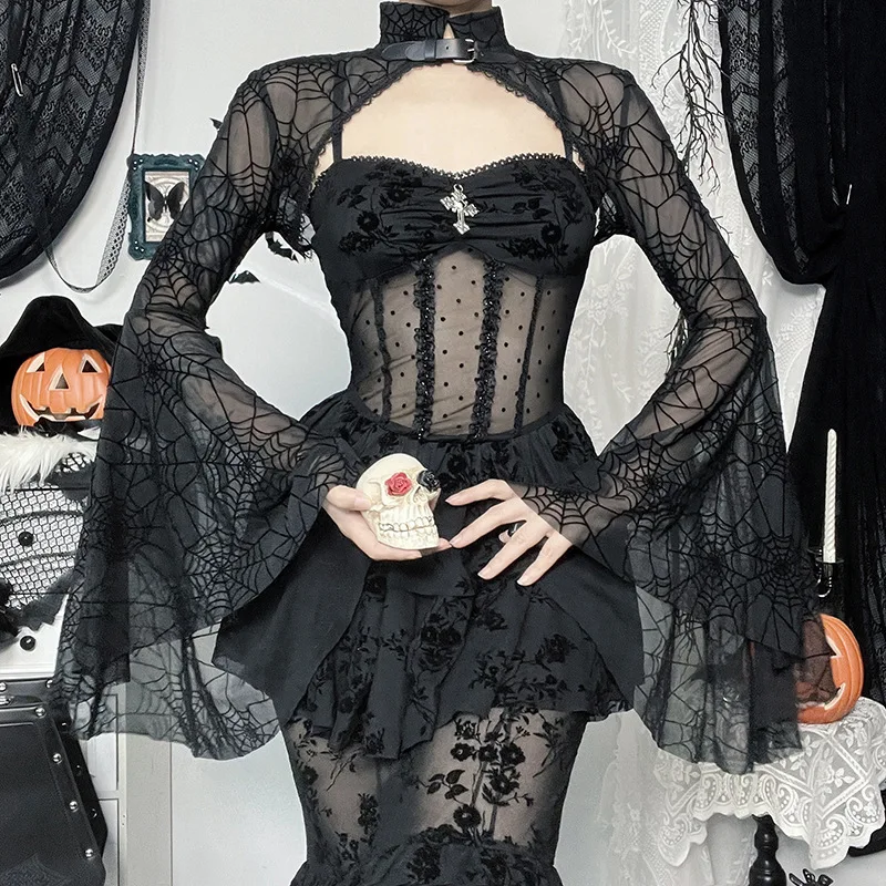 Gothic Grunge Flare Sleeve Vintage Punk Y2k Crop Top Women Halloween Goth Black Spider Web Lace See Through Shrug Tops Cover Up